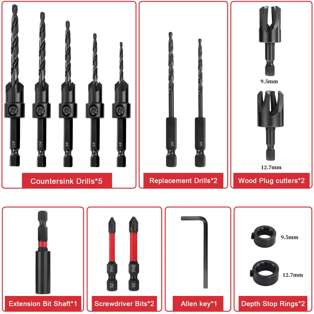 15 Pcs Wood Countersink Drill Bit Set with Depth Stop Storage Case