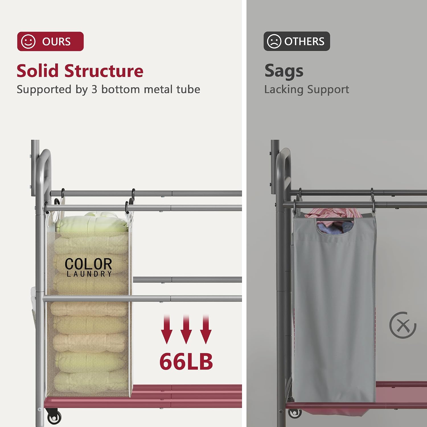 Laundry Hamper with Hanging Rack, Laundry Sorter 3 Section, Beige | 39 Gal Rolling Laundry Cart with Heavy Duty