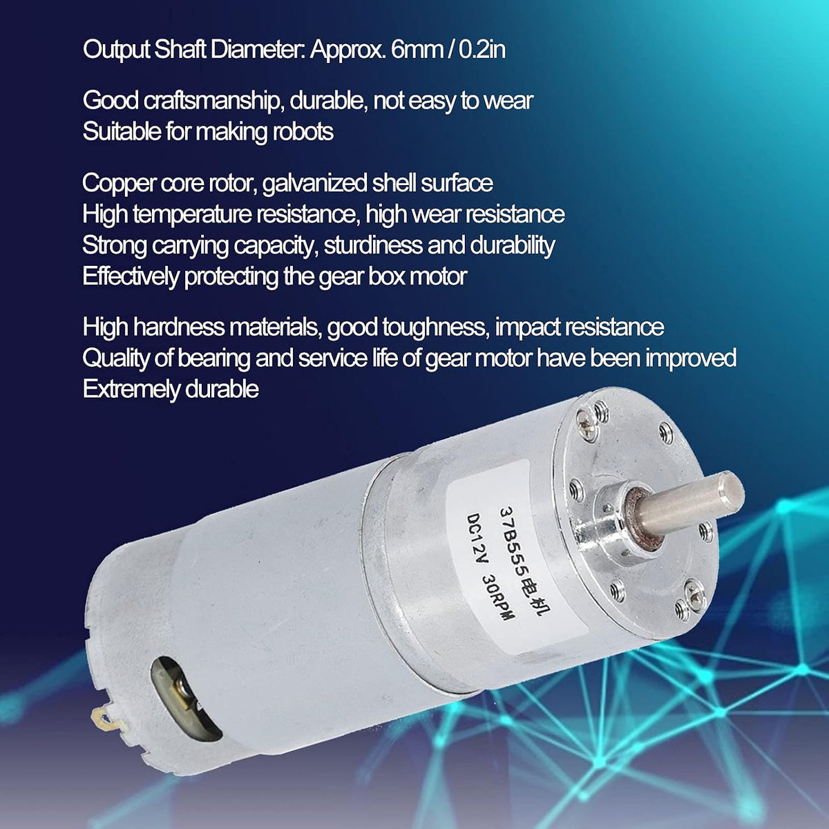 DC 12V Gear Motor 37B555 with Reduction Geared Box, 30 RPM, with Copper Core Rotor and Galvanized Shell, Industrial Control Accessories for Office Automation and Financial