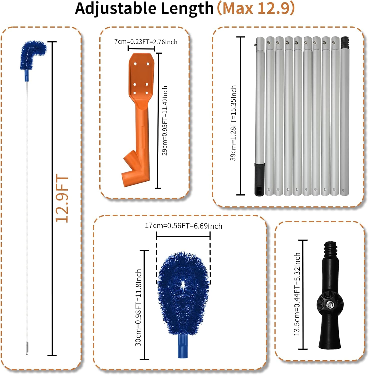 12.9ft Aluminum Gutter Cleaning Tools with Brush & Scoop No Ladder