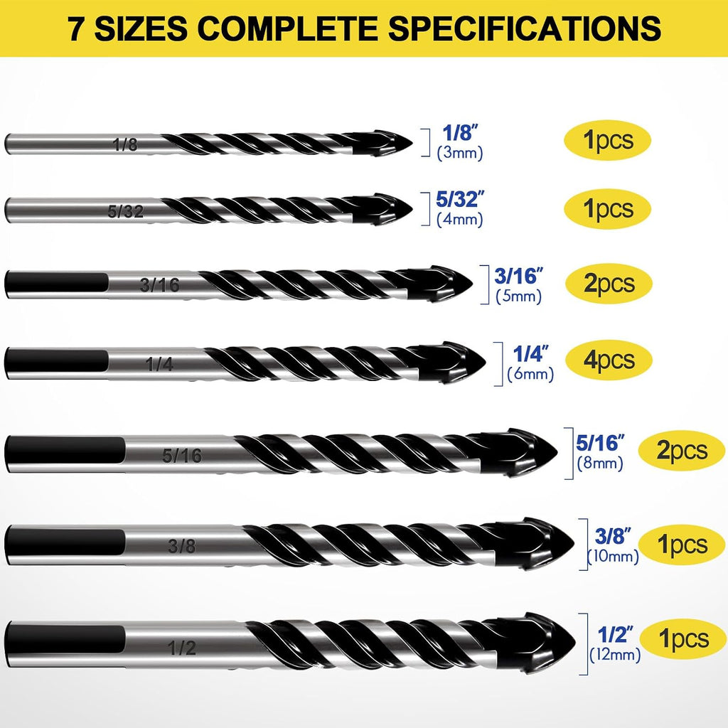 12-Piece Masonry Drill Bit Set and Concrete Drill Bit Set | Carbide Tile Drill Bits and Brick Drill Bit, 7 Sizes 1/8