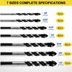 12-Piece Masonry Drill Bit Set and Concrete Drill Bit Set | Carbide Tile Drill Bits and Brick Drill Bit, 7 Sizes 1/8
