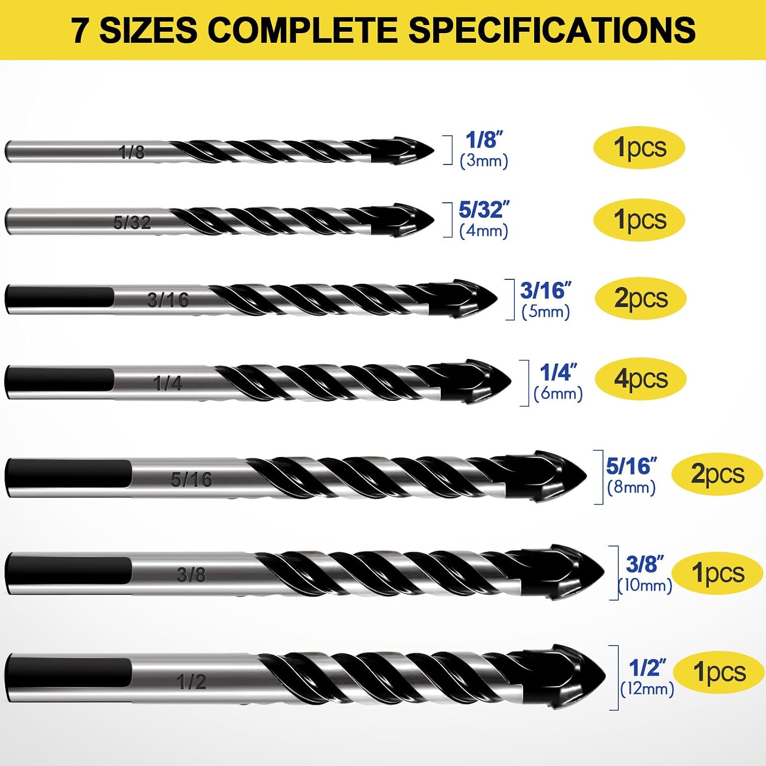 12-Piece Masonry Drill Bit Set and Concrete Drill Bit Set | Carbide Tile Drill Bits and Brick Drill Bit, 7 Sizes 1/8