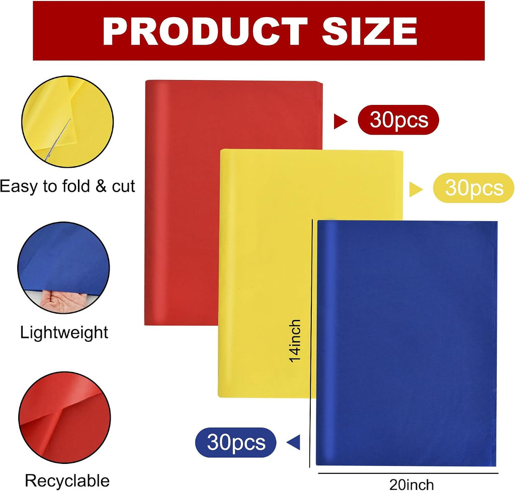 90 Sheets Red Yellow Blue Tissue Paper Bulk for Gift Wrapping Bags