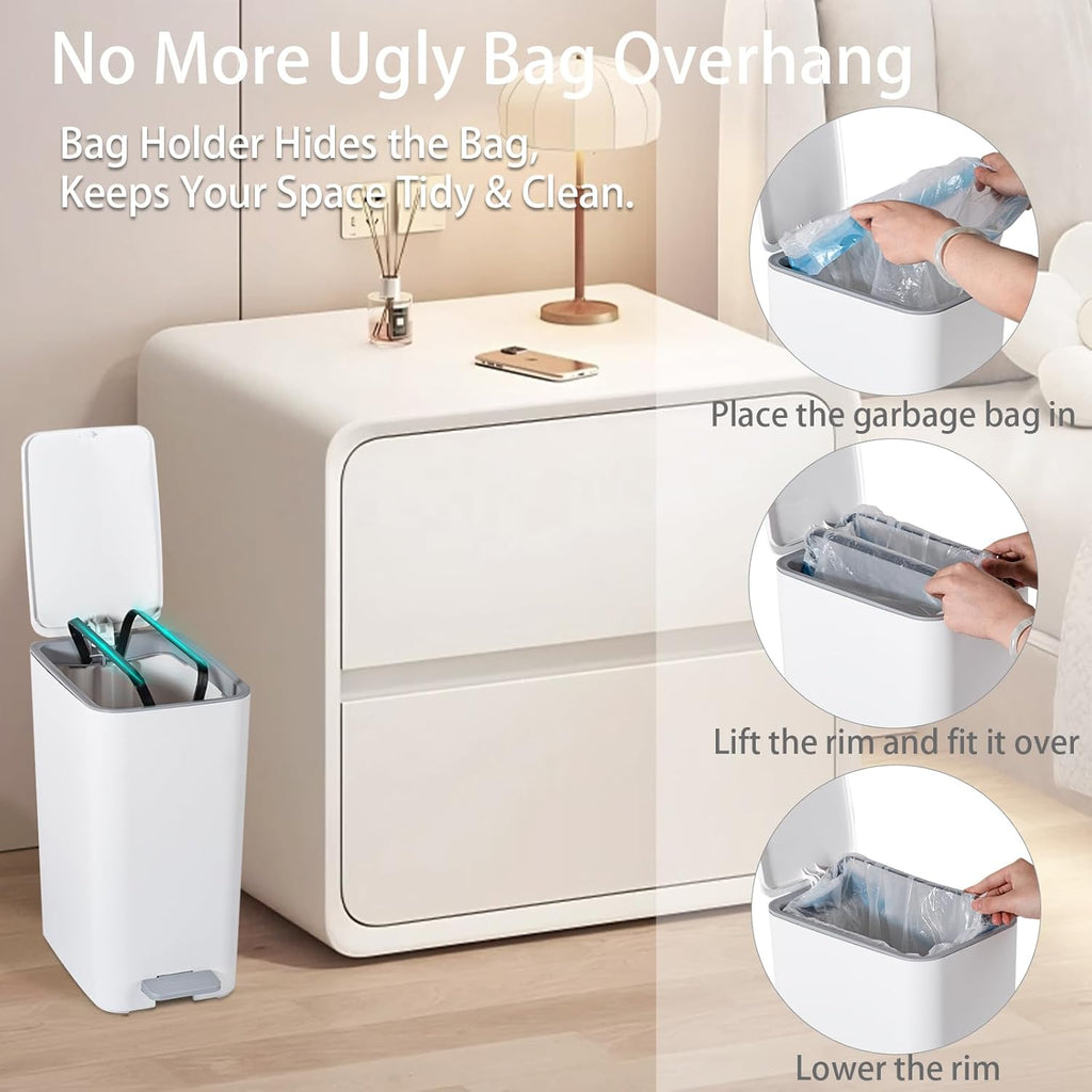 Small Bathroom Trash Can with Lid, 2.1 Gallon Slim Step Trash Can, White | Mini Garbage Can with Handle for Bedroom