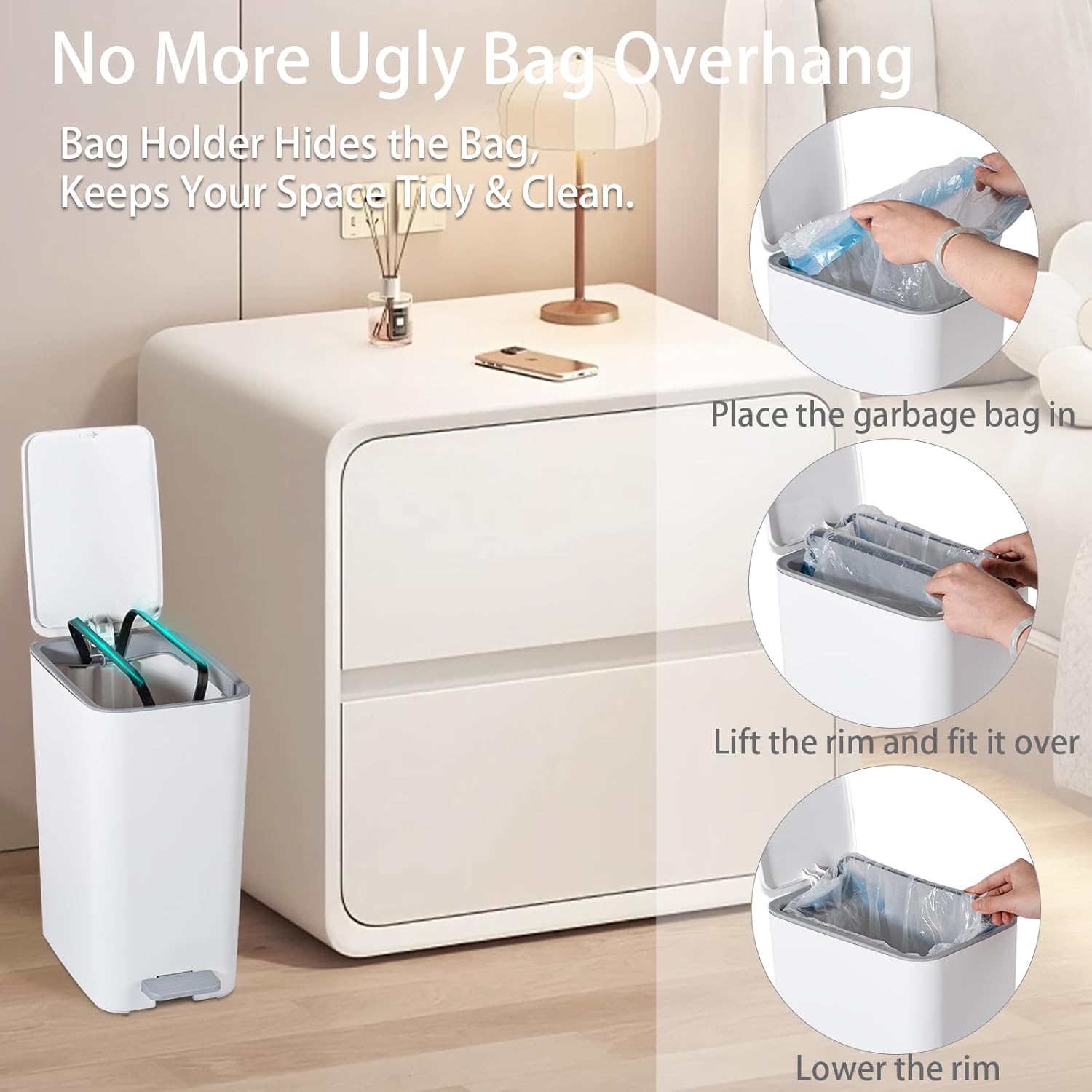 Small Bathroom Trash Can with Lid, 2.1 Gallon Slim Step Trash Can, White | Mini Garbage Can with Handle for Bedroom