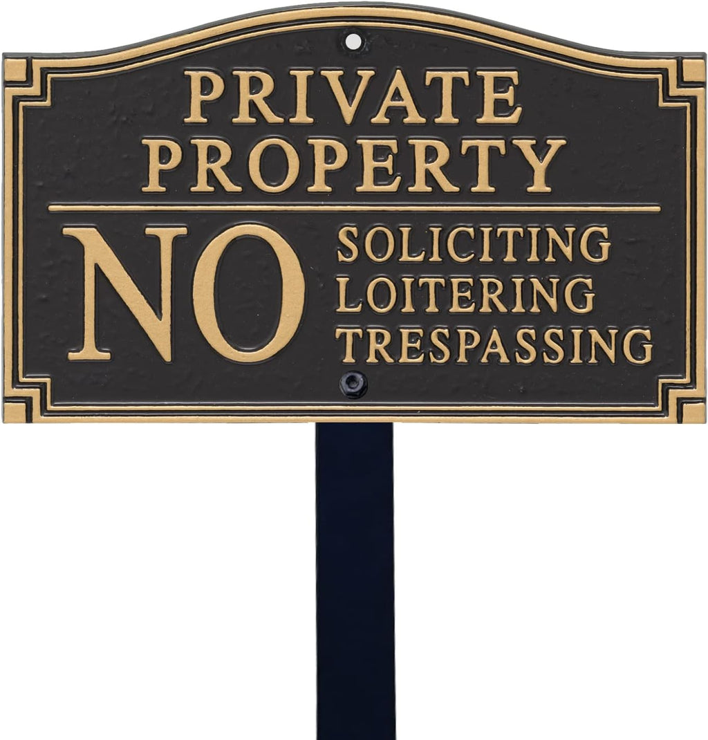 Private Property Sign for Yard, No Soliciting Loitering Trespassing Garden Plaque | 5.75" x 9.5" Aluminum Plaque with