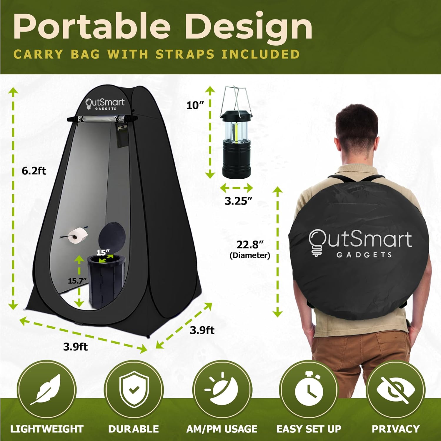 Outdoor Portable Toilet Set for Adults with Camping Night Lantern, Folding XL Toilet, Pop Up Privacy Tent and Carry