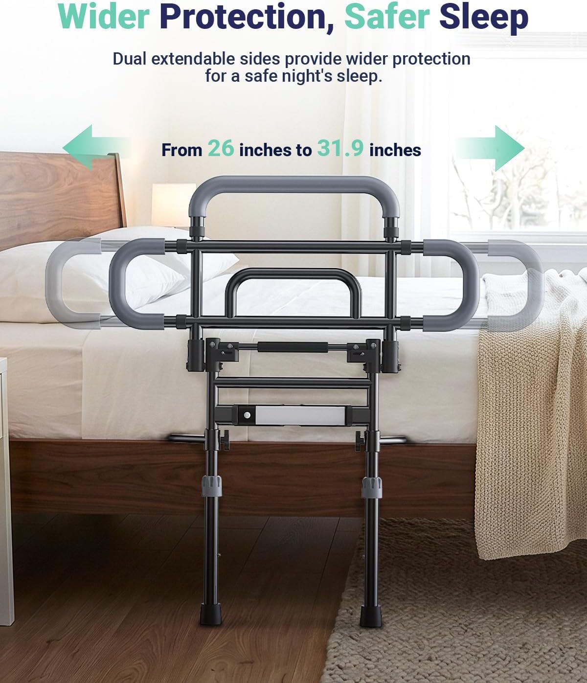 Bed Rails for Elderly Adults Safety, 180° Foldable Bed Rail with Adjustable Height & Width, 350lb Load, Extra-High