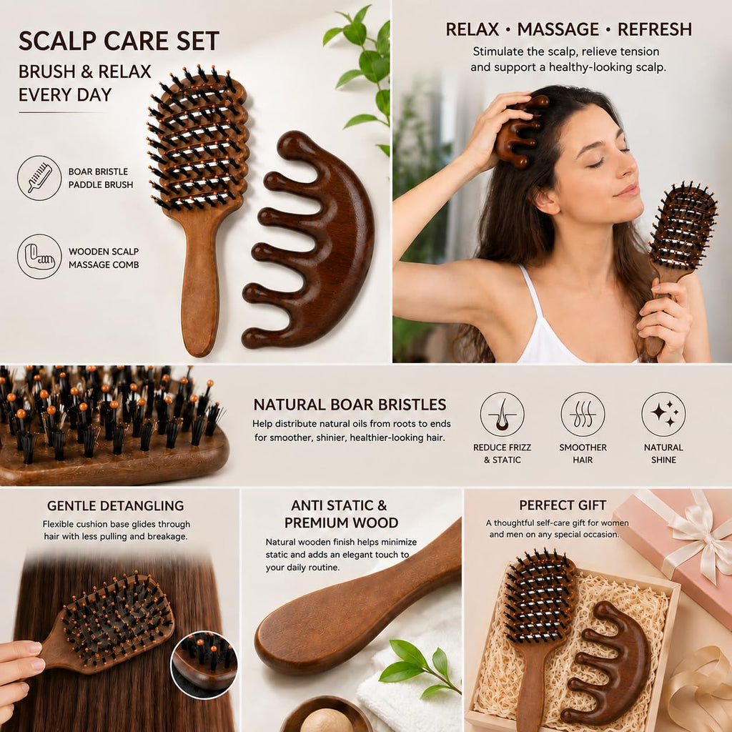 Boar Bristle Hair Brush Set with Wooden Scalp Massager, Anti Static Paddle Hair Brush for Women & Men, Detangling