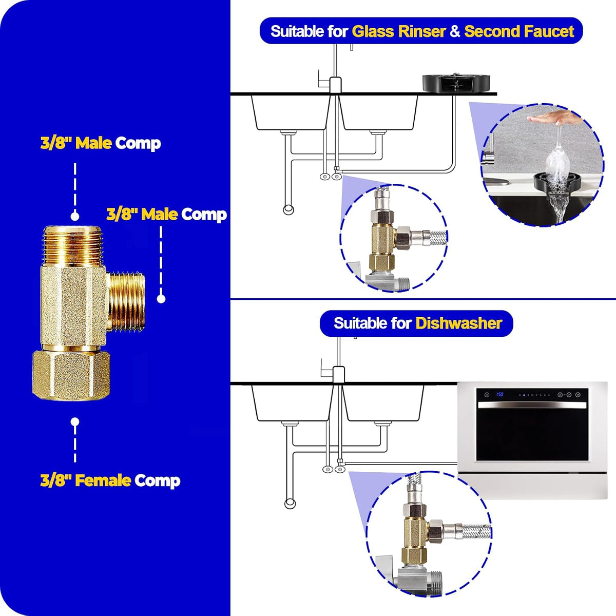 Add-A-Tee - 3/8"Compx3/8"Compx3/8"Comp Brass Tee for Faucet,Dishwasher,1Pcs
