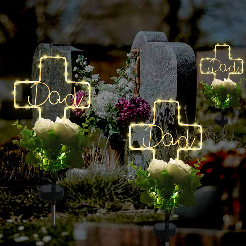 Solar Cross Light for Dad‘s Grave – 2 Modes with Rose Flower, Waterproof Outdoor Light for Cemetery, Perfect for