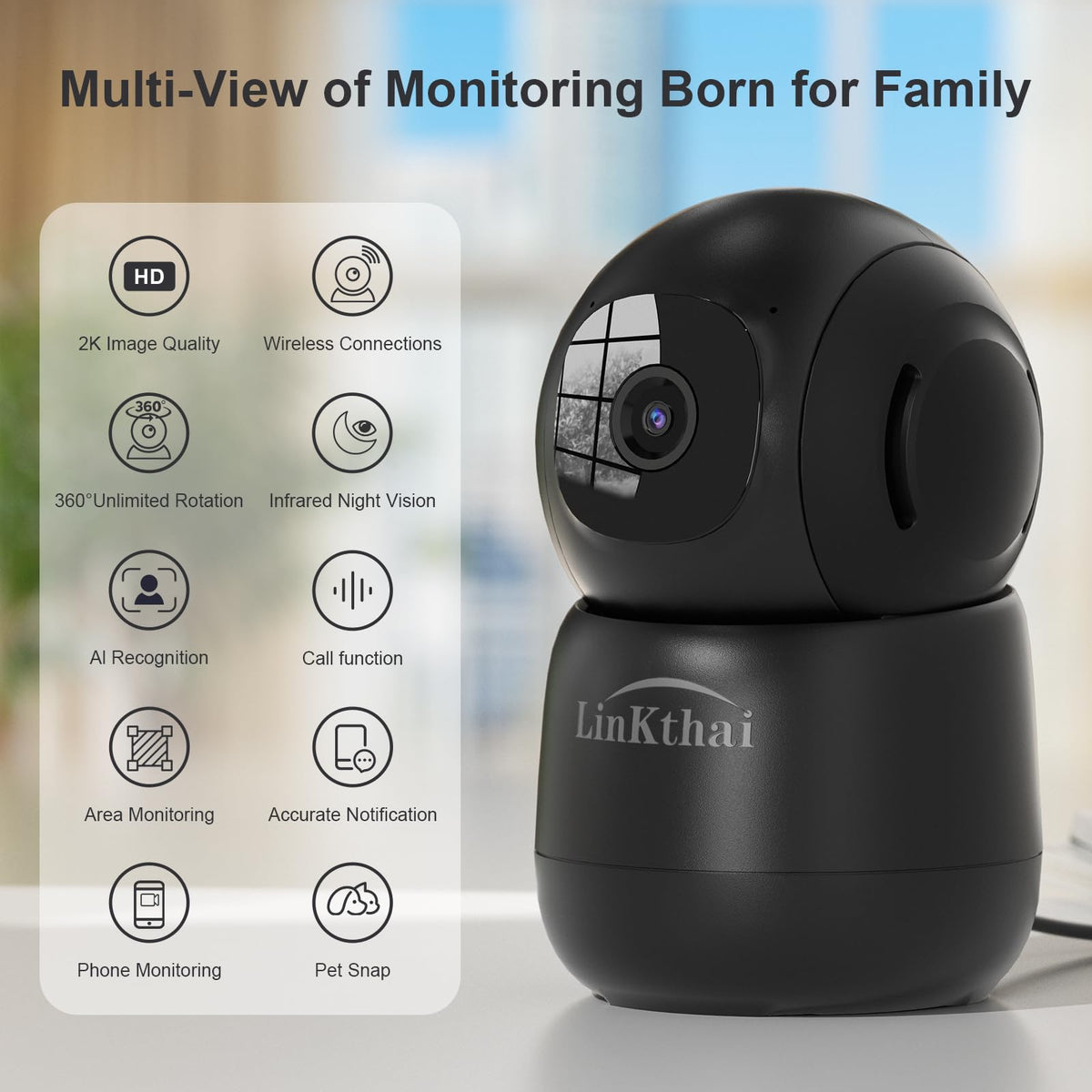 Indoor Security Camera 2K Pet Camera 2.4 GHz Dog Camera Black 2 Pack