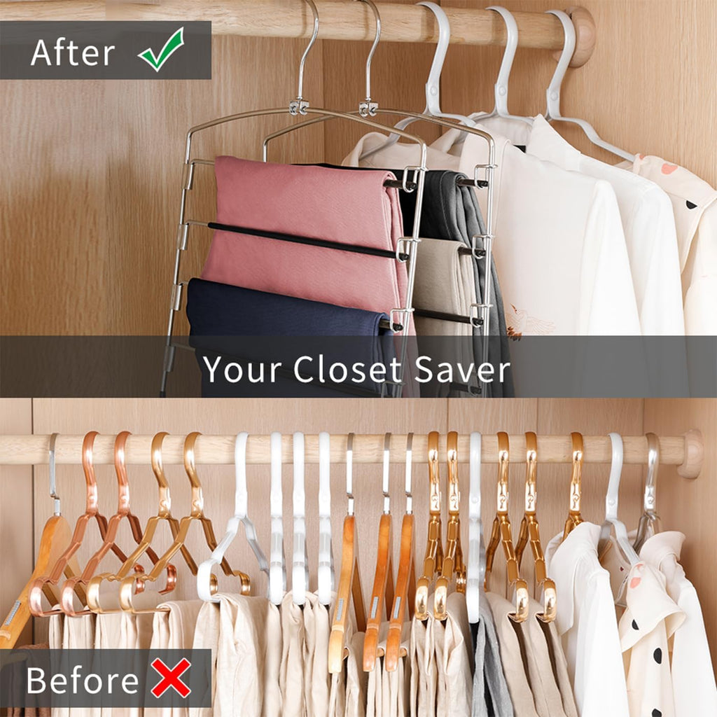 Pants Hangers Non Slip 3 Pack Space Saving Hangers Multi-Layer Swing Arm Pants Hanger Stainless Steel Space Saver