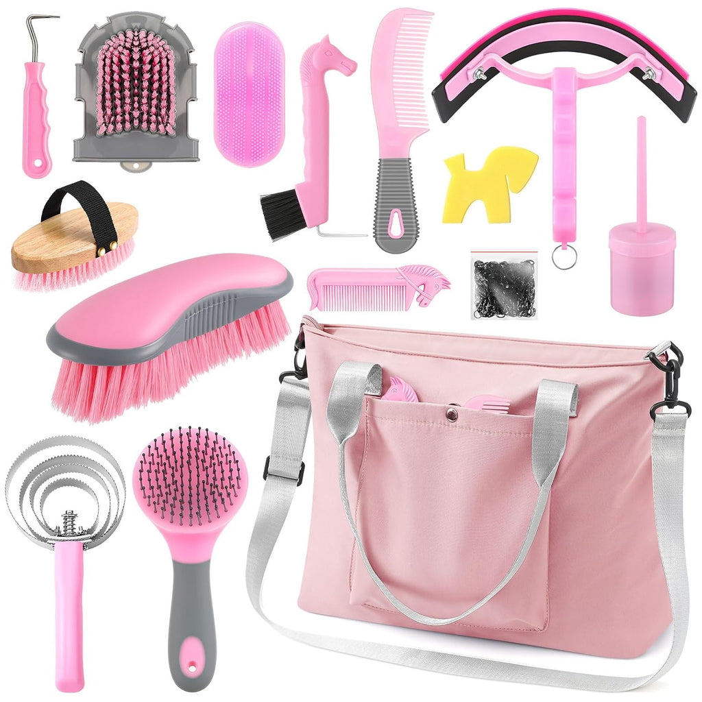 15 Pieces Horse Grooming Kit with Organizer Tote Bag Tack Room Supplies Horse Brush Sets Care Equine Cleaning Kit