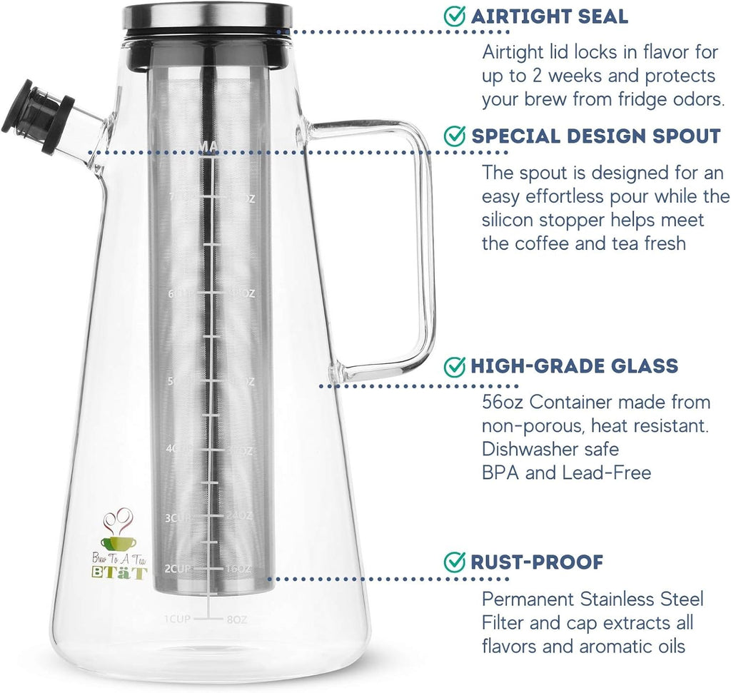 BTaT- Airtight Cold Brew Coffee Maker Pitcher, 2 Liter / 64 oz | Iced Tea Maker with Spout Brewing Glass Carafe