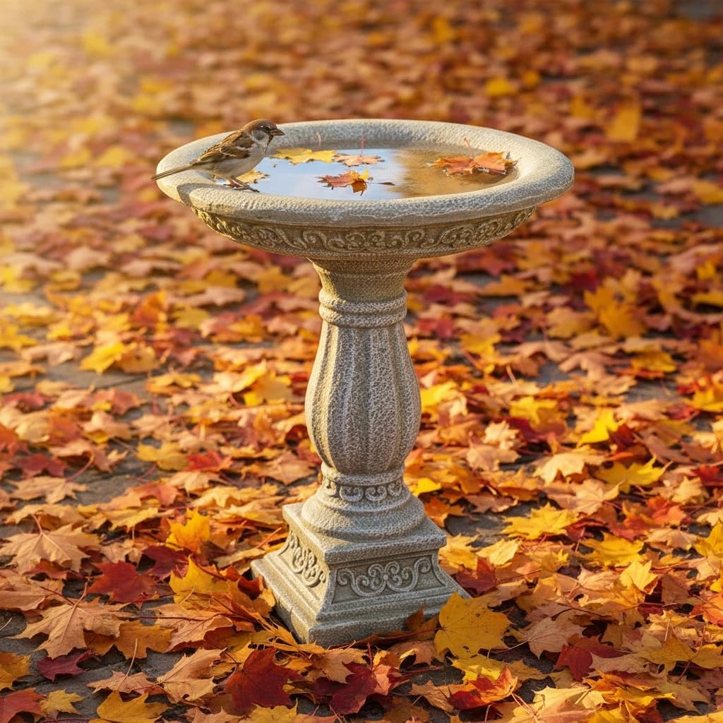 23.8 Inch High Concrete Bird Bath with Carved Pedestal – Birdbath Sturdy & Elegant Design, Stone-Like Texture