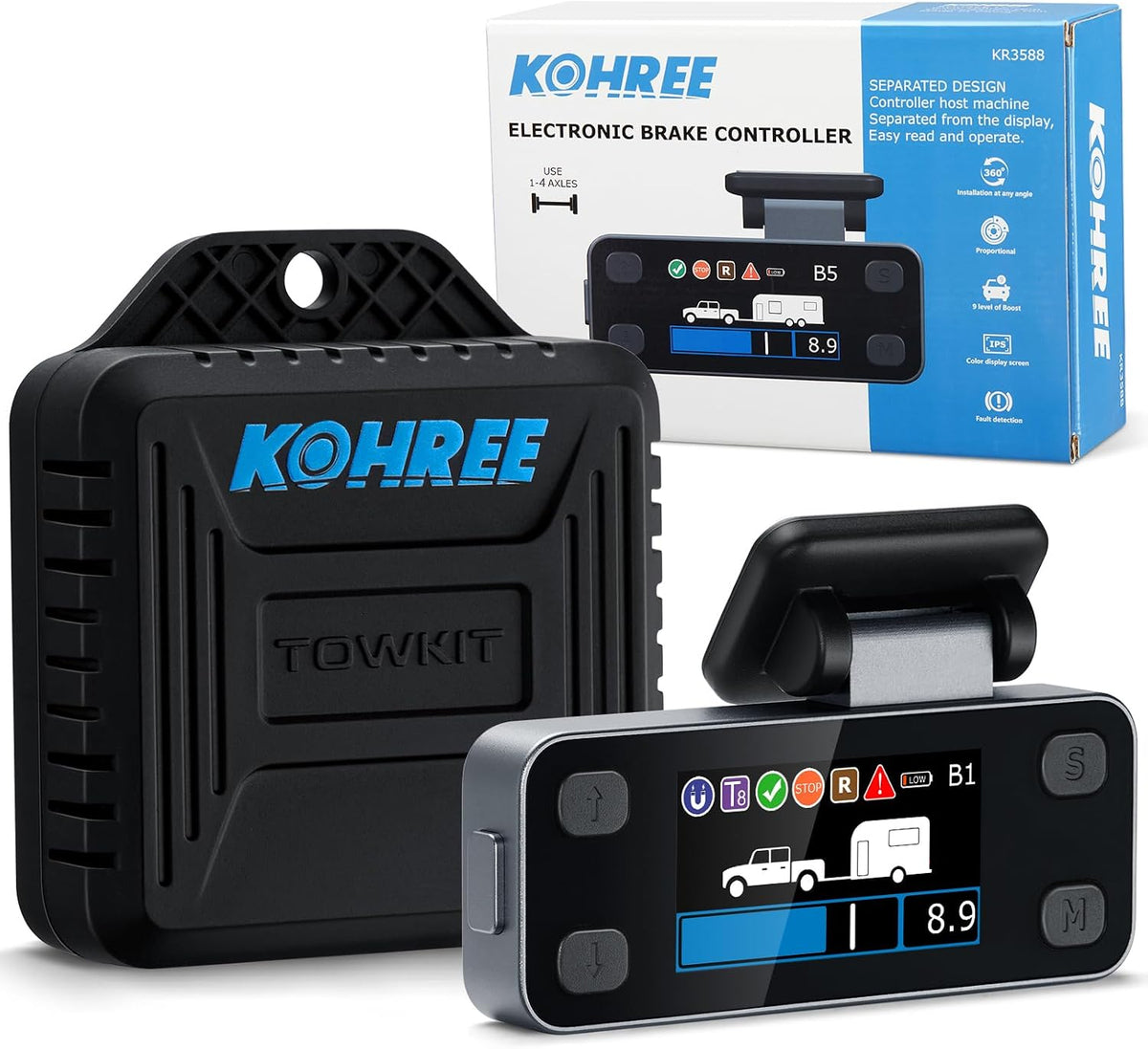 Upgraded Trailer Brake Controller Kit, Split Design, LCD Screen, Smart Chip, Proportional Braking, Electric Brake