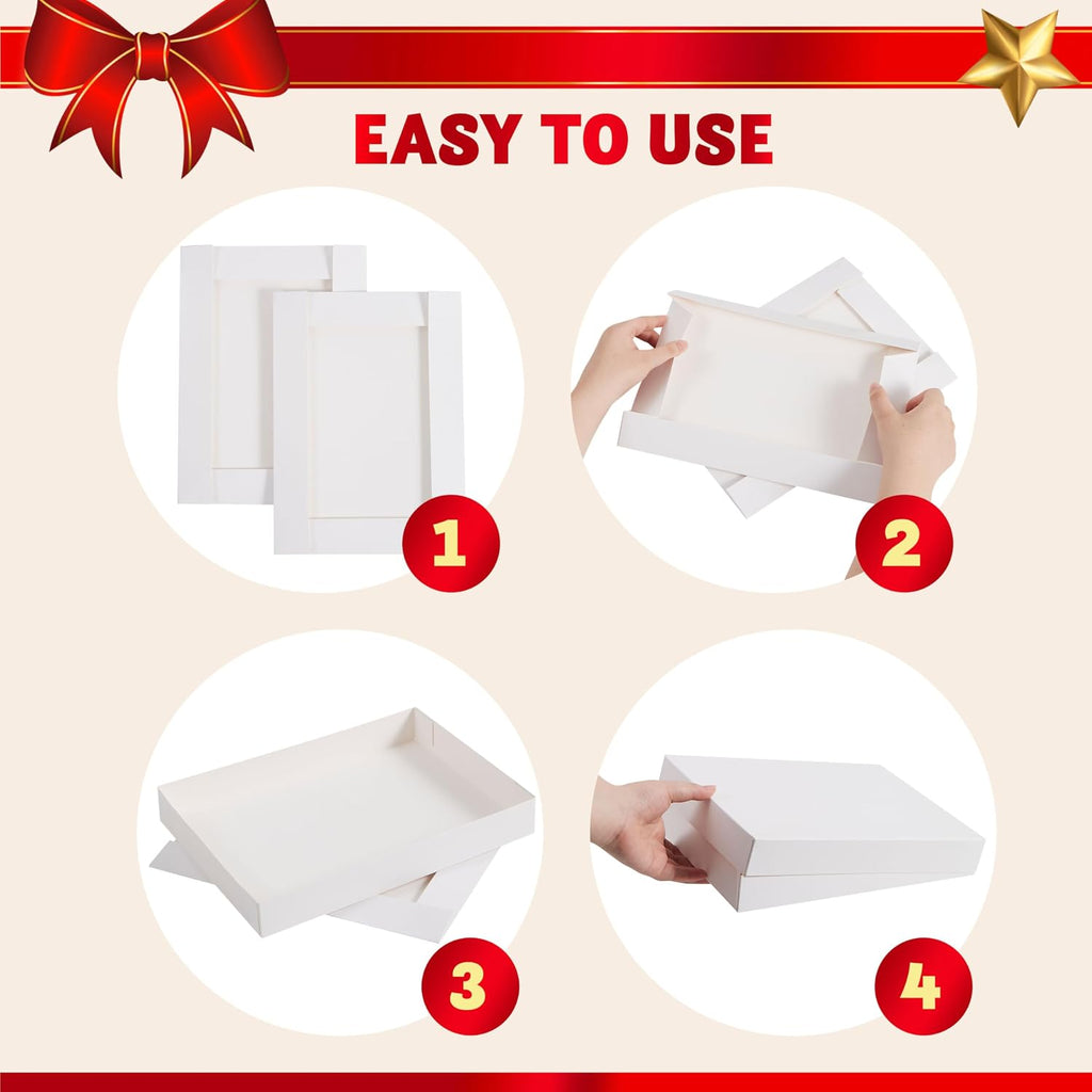12PCS Christmas White Gift Boxes with Lids for Presents, 4" Deep Large Shirt Robe Wrapping Box, 4 Different Sizes