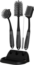 Dish Brush Set of 5 with Holder - Kitchen Scrub Brushes with Non-Slip Long Handle for Cleaning, Scrubber