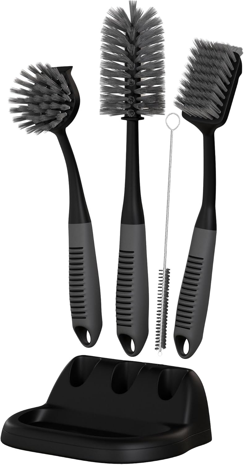 Dish Brush Set of 5 with Holder - Kitchen Scrub Brushes with Non-Slip Long Handle for Cleaning, Scrubber