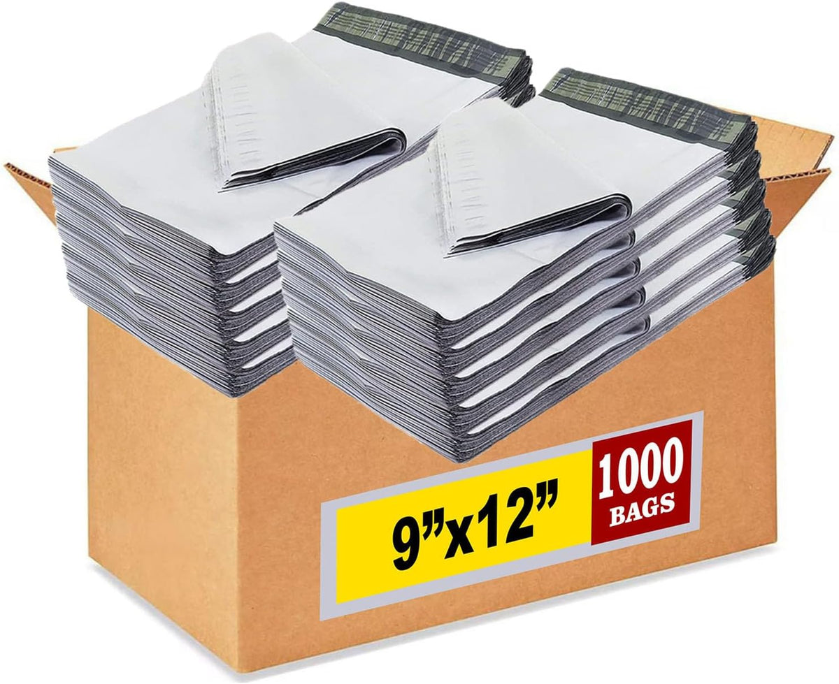 9x12 Inches White Poly Mailers, 1000-Pack I Mid Size #3, Self Seal Adhesive, Waterproof, Tear Proof Plastic Bag, Bulk