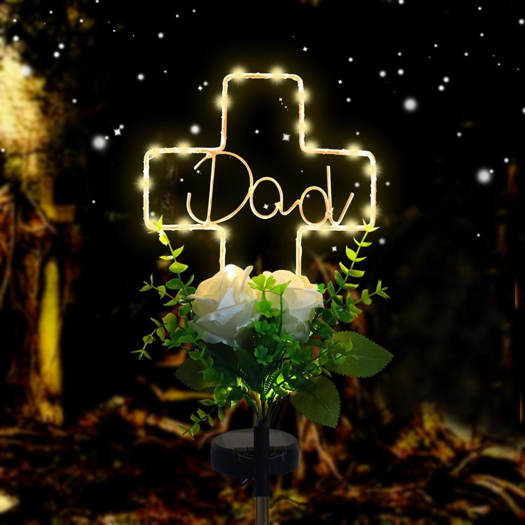 Solar Cross Light for Dad‘s Grave – 2 Modes with Rose Flower, Waterproof Outdoor Light for Cemetery, Perfect for