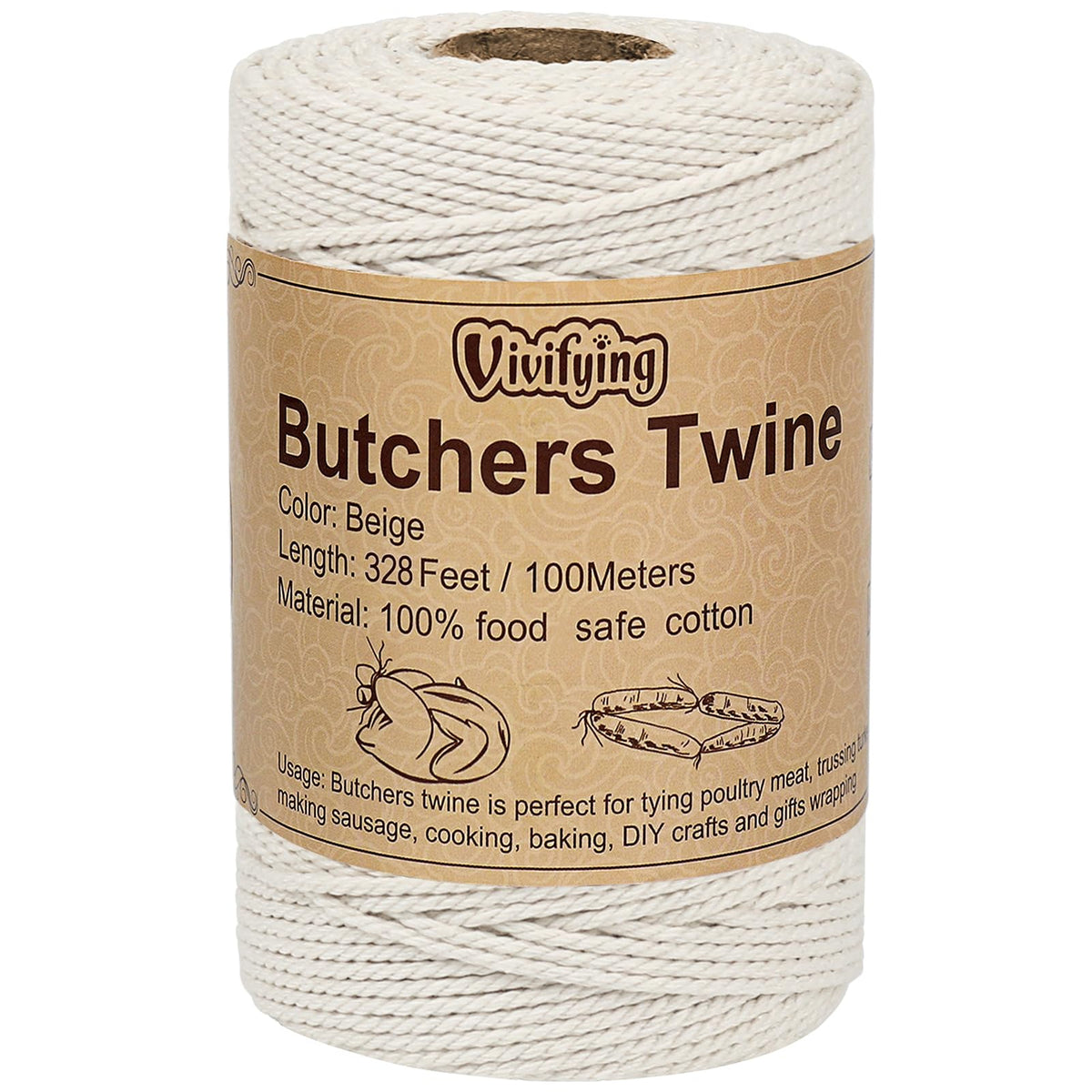 Butchers Twine, 328 Feet 2mm Food Safe Bakers Twine, Beige