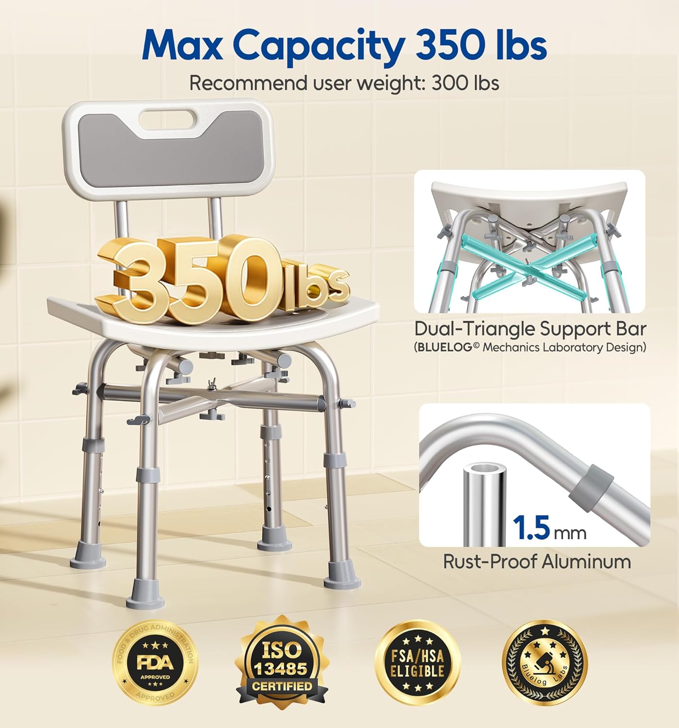 Shower Chair with Back for Elderly and Disabled, Shower Seat Bench Stool, Adjustable Height, 350 lbs Capacity