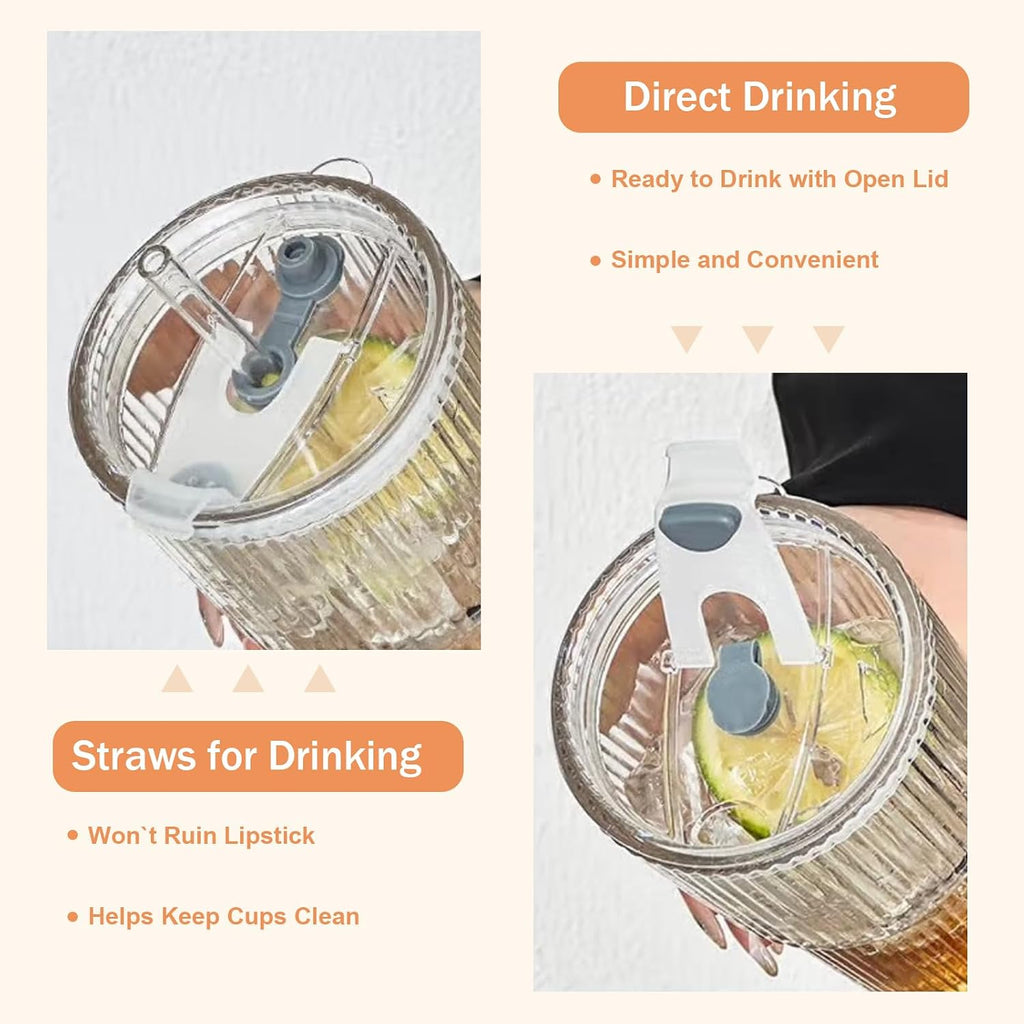 20oz Ribbed Glass Cups with Lids and Straws,1PCS Glass Tumbler with Straw and Lid,Iced Coffee Cups Drinking Glasses