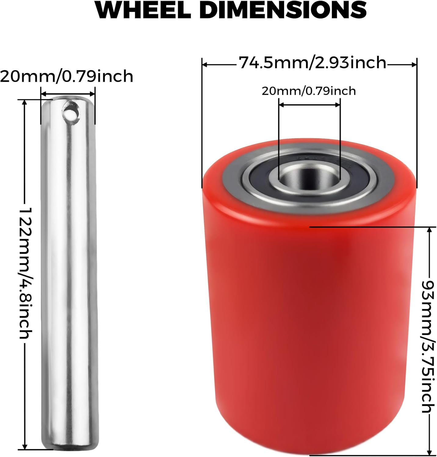 1 Pair Pallet Jack Wheels Replacement Kit, 3x3.75-Inch PU Load Rollers | 74.5x93mm, Pre-Installed Bearings with 20mm