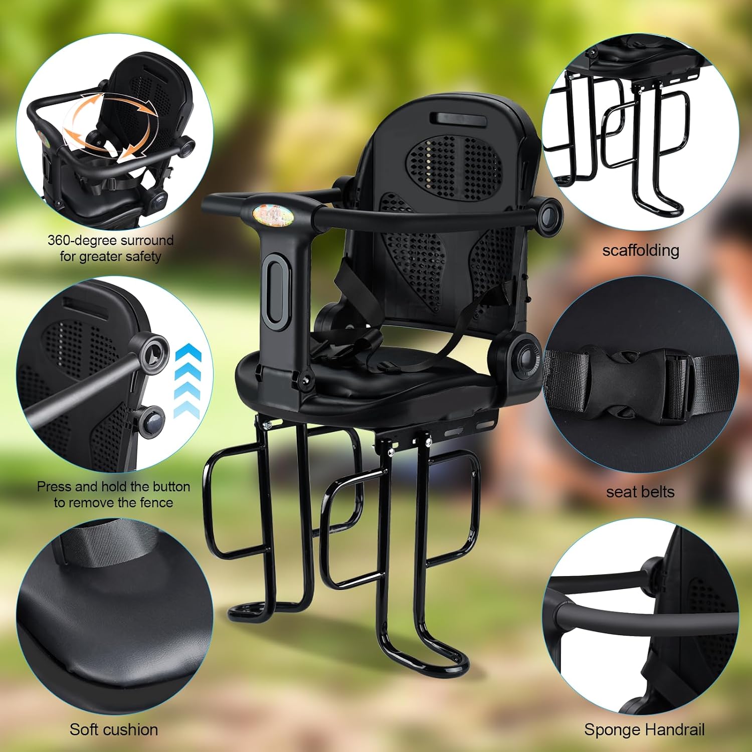 Rear Child Bike Seat, Rear Wraparound Kid Bike Seat Adjustable Backrest Arc Height with Harness and Pedals, Toddler