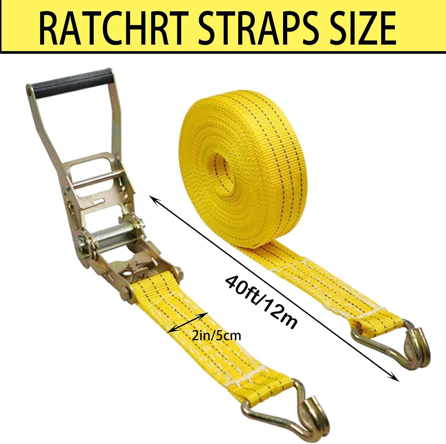 Ratchet Straps Heavy Duty, 8000 LBS Break Strength Ratchet Strap Tie Down, 2” x 40ft Yellow Tie-Down Ratcheting Cargo