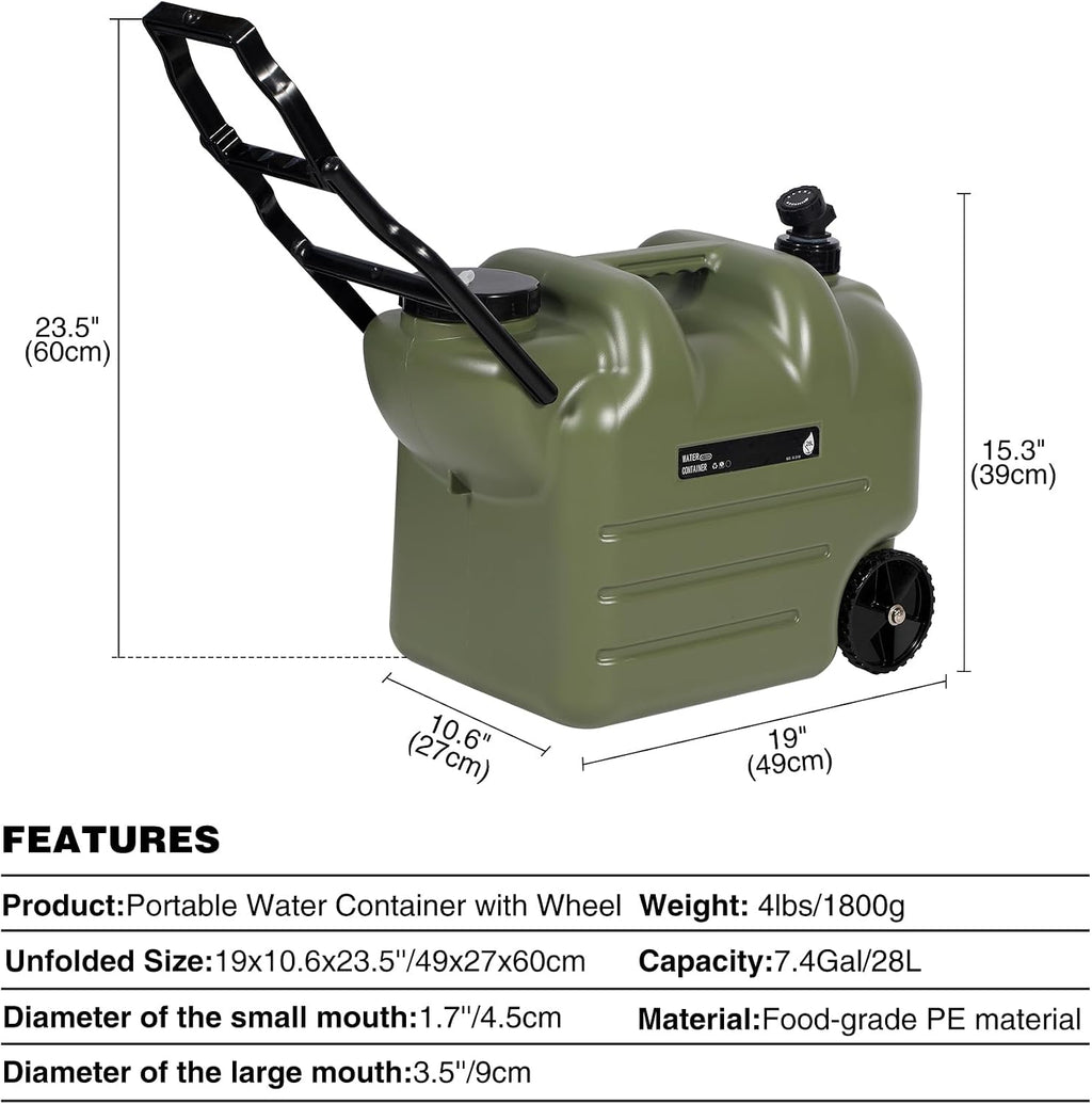 7.4 Gal Portable Water Container with Wheels & Spigot, Green | BPA-Free Rolling Camping Water Jug with Wheels &