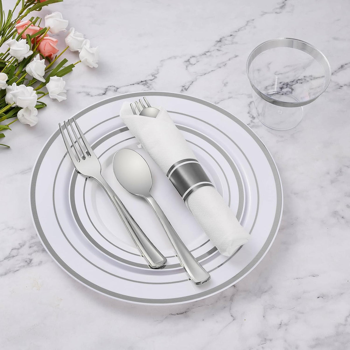 350 Piece Silver Plastic Dinnerware Set for 50 Guests