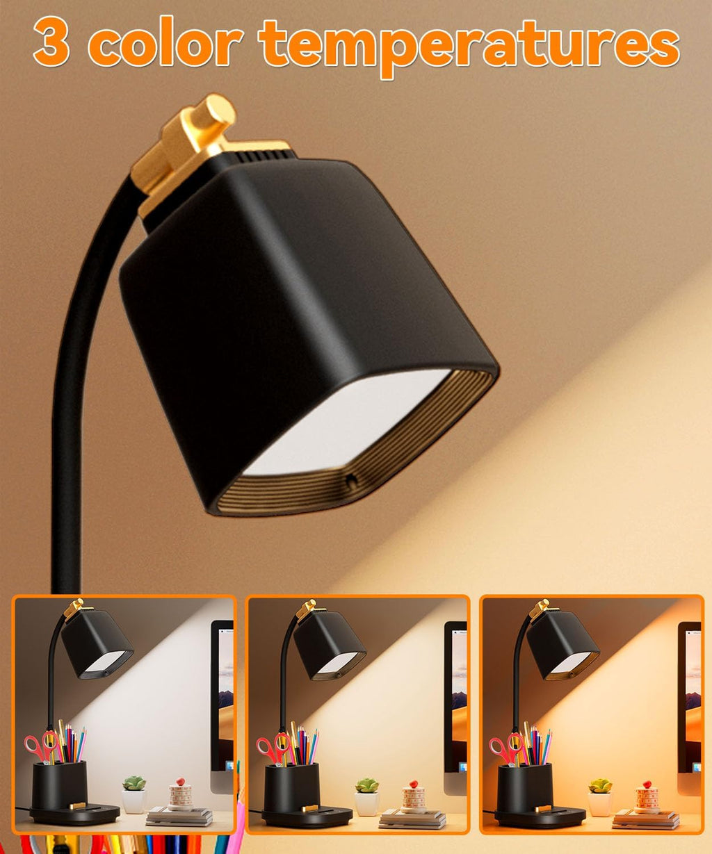 LED Desk Lamp with 2 USB Ports, Storage Box, Small Table Lamp for Home Office, Bedroom, College Dorm Room, Gooseneck