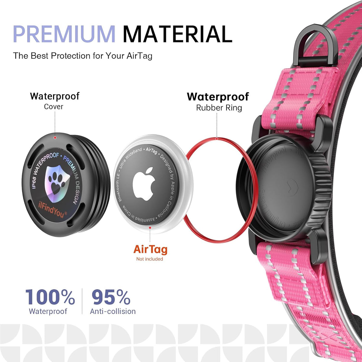 Dog Collar with AirTag Holder IP68 Waterproof Reflective Dog Collar, Rose L