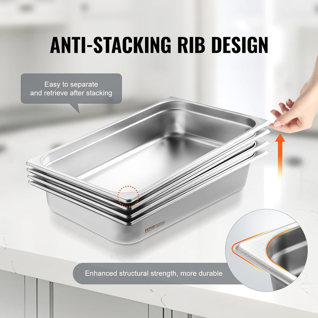 4 Pack Stainless Steel Hotel Pans with lid,Full Size 4 Inch Deep 0.8mm Thick Anti-Jam Commercial Food Pans for Steam