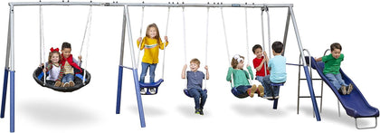 Fun Forever Swing Set with 6' Wave Slide - 8 User / 6 Station Easy Assembly Galvanized Metal Backyard Play Kids Swing