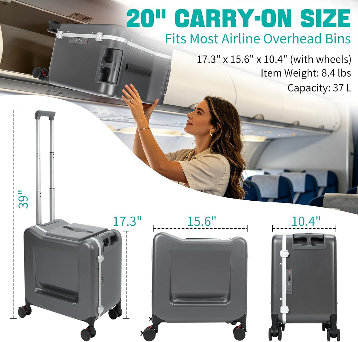 20" Ride-On Suitcase with Seat, Double Handle Carry On Luggage with Mesh Pocket & Side Hooks, Hard Shell Spinner