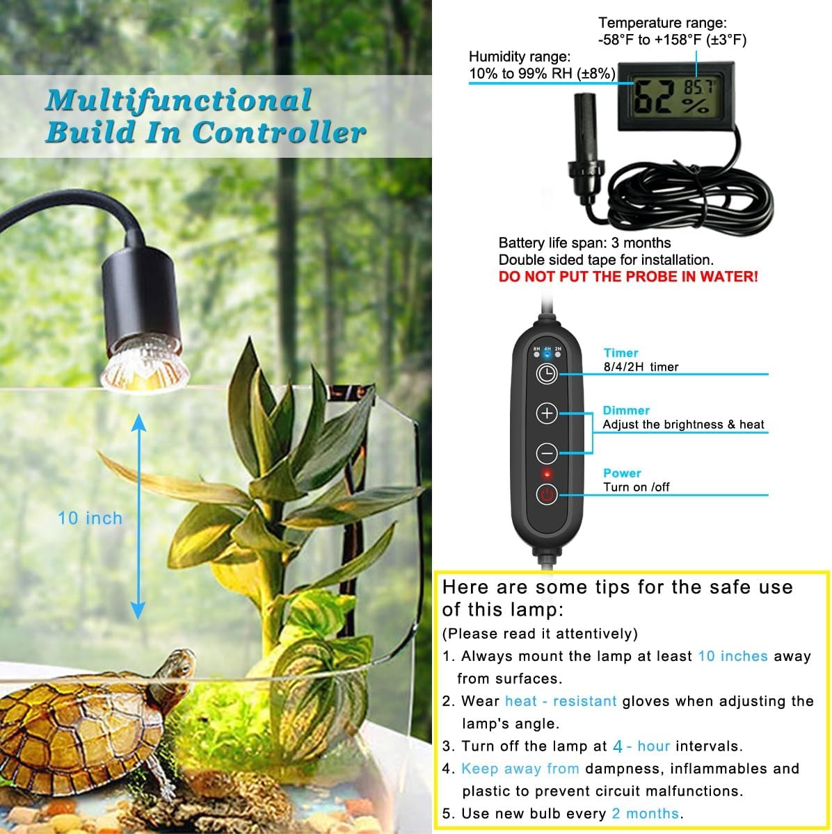 Dimmable Reptile Heat Lamp with Timer + 75W UVA UVB Light Bulb, Basking Spot Light Simulated Sunlight, Heating Lamp