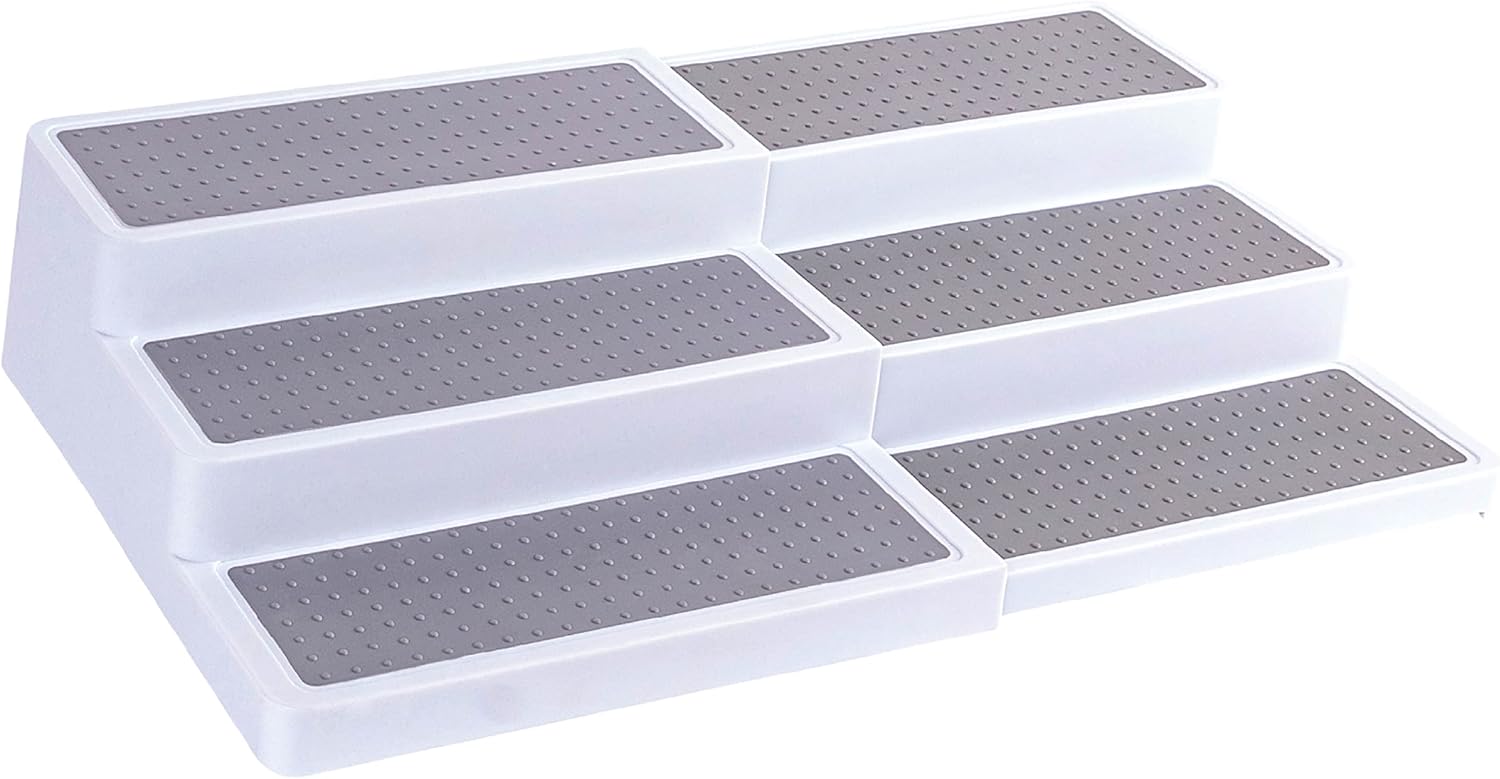 3–Tier Expandable Plastic Spice Rack - Adjustable Length, Stability with Non-Skid Shelf, Three Tiers for Easy