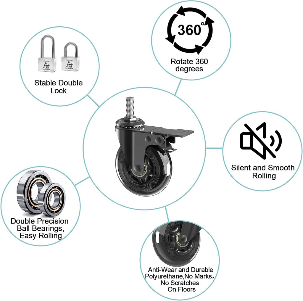 3" Caster Wheels,Heavy Dudy Swivel Casters Set of 4 (2 with Matel Brake,2 No Brake) 3/8"-16x1"Threaded Stem