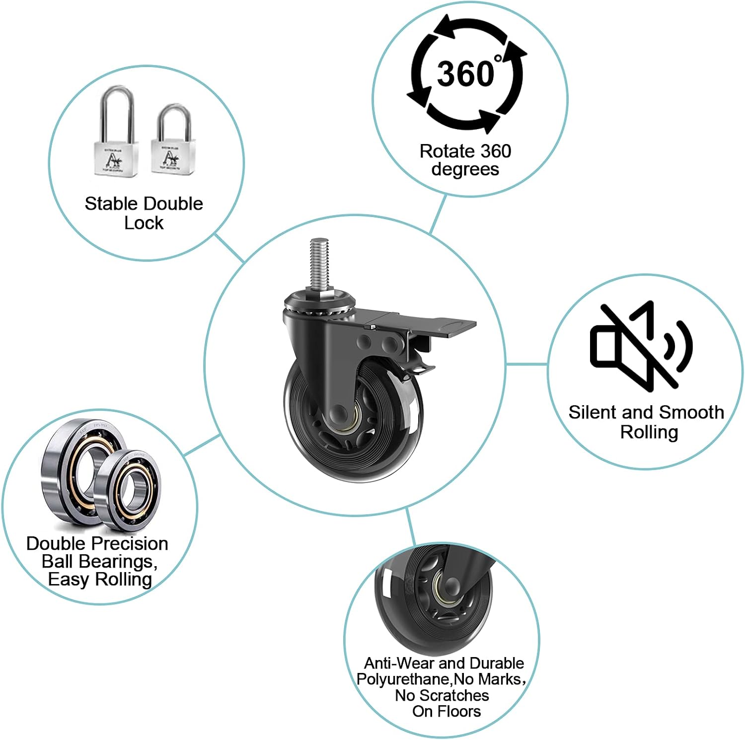 3" Caster Wheels,Heavy Dudy Swivel Casters Set of 4 (2 with Matel Brake,2 No Brake) 3/8"-16x1"Threaded Stem