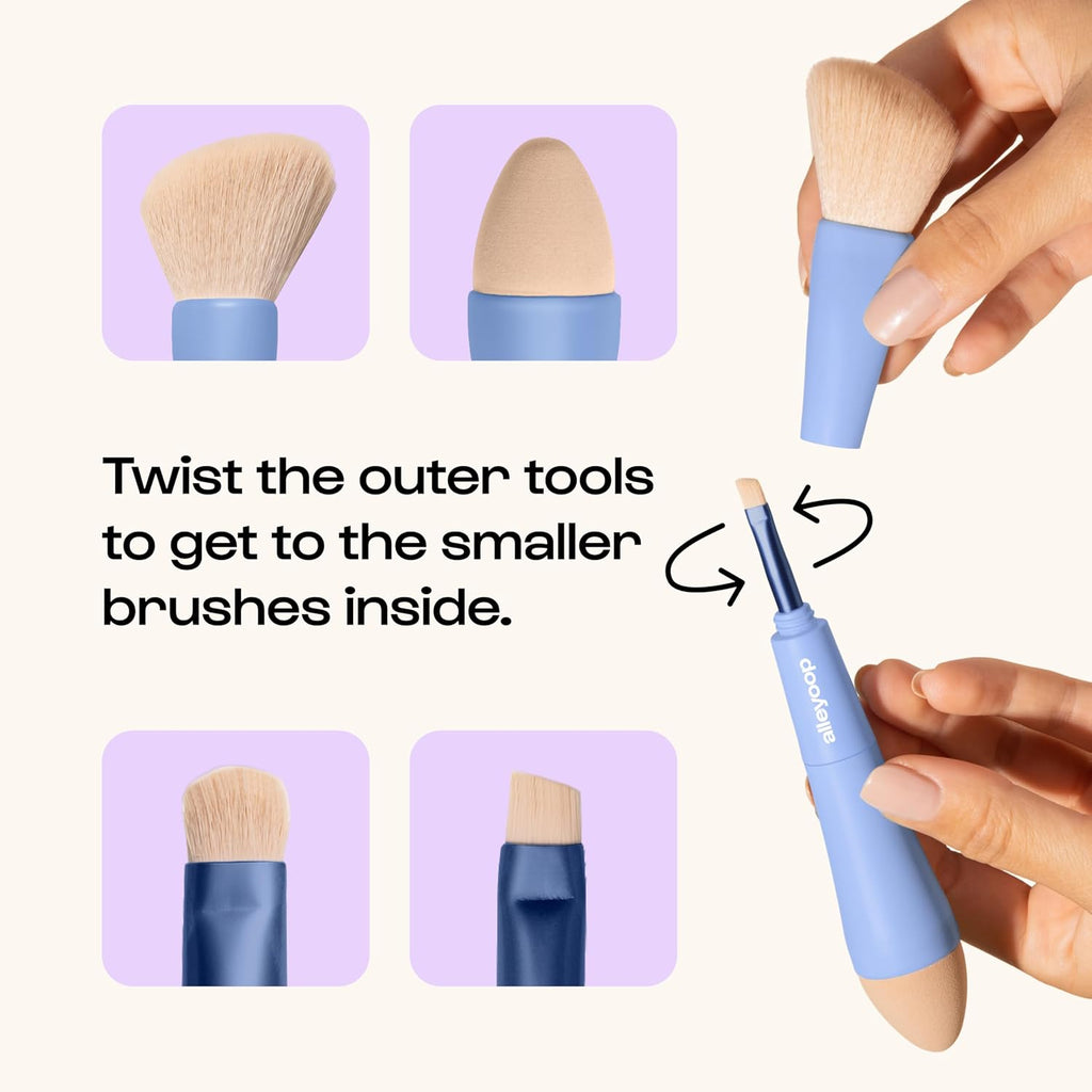 Makeup Brush Set Alleyoop Multi-Tasker 4-in-1 Travel Make Up Brush Set – Compact Makeup Brushes for Foundation
