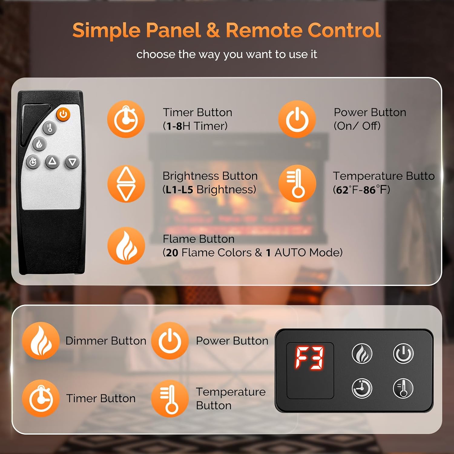36 Inch 3-Sided Glass Electric Fireplace Insert, Electric Fireplace Heater with Remote Control, Wall Mounted and