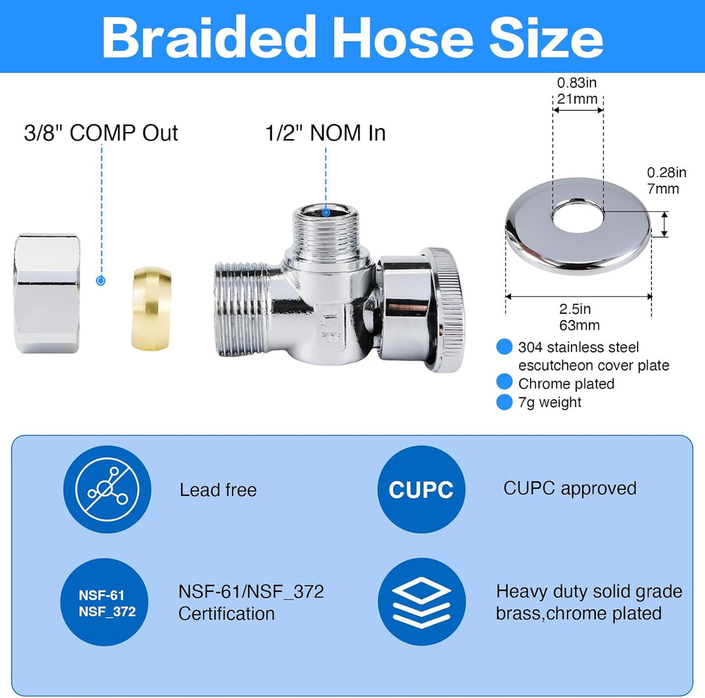 Toilet Hose Water Supply Line Kit - 12" Length 3/8" COMP x 7/8" BC Braided Toilet Connector Hose & Shut Off Toilet