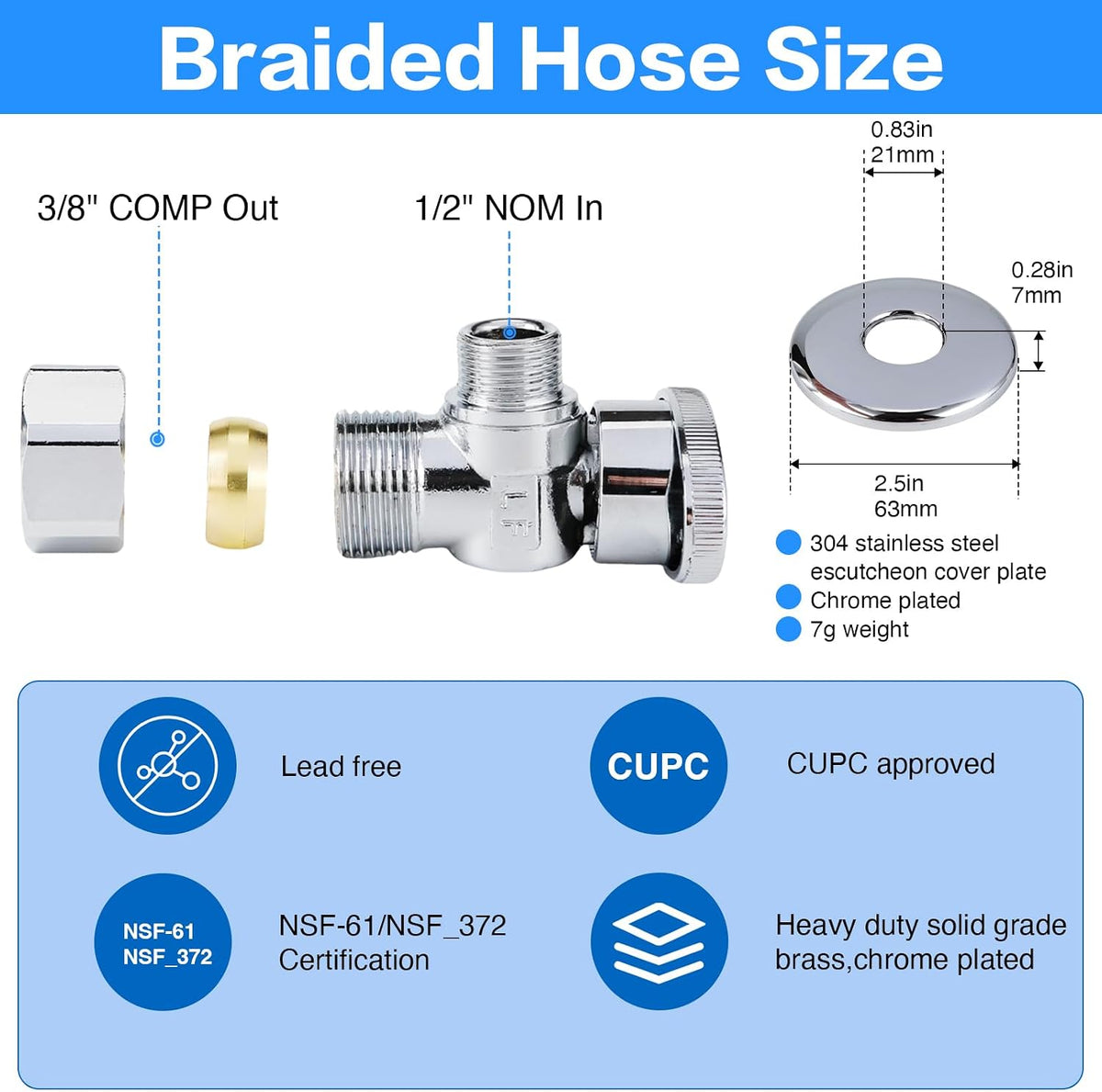 Toilet Hose Water Supply Line Kit - 12" Length 3/8" COMP x 7/8" BC Braided Toilet Connector Hose & Shut Off Toilet