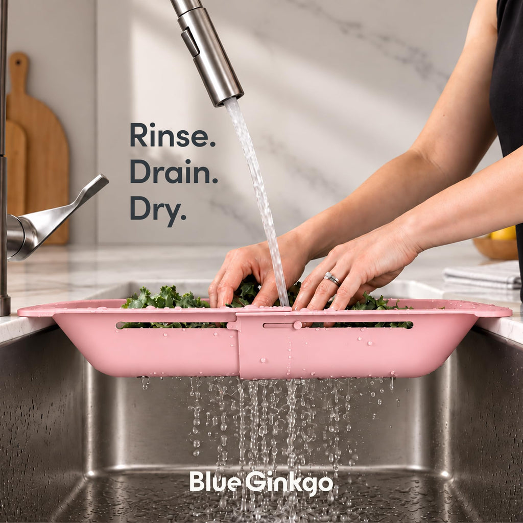 Blue Ginkgo Over Sink Colander, Extendable Kitchen Strainer, 2-Pack, Pink