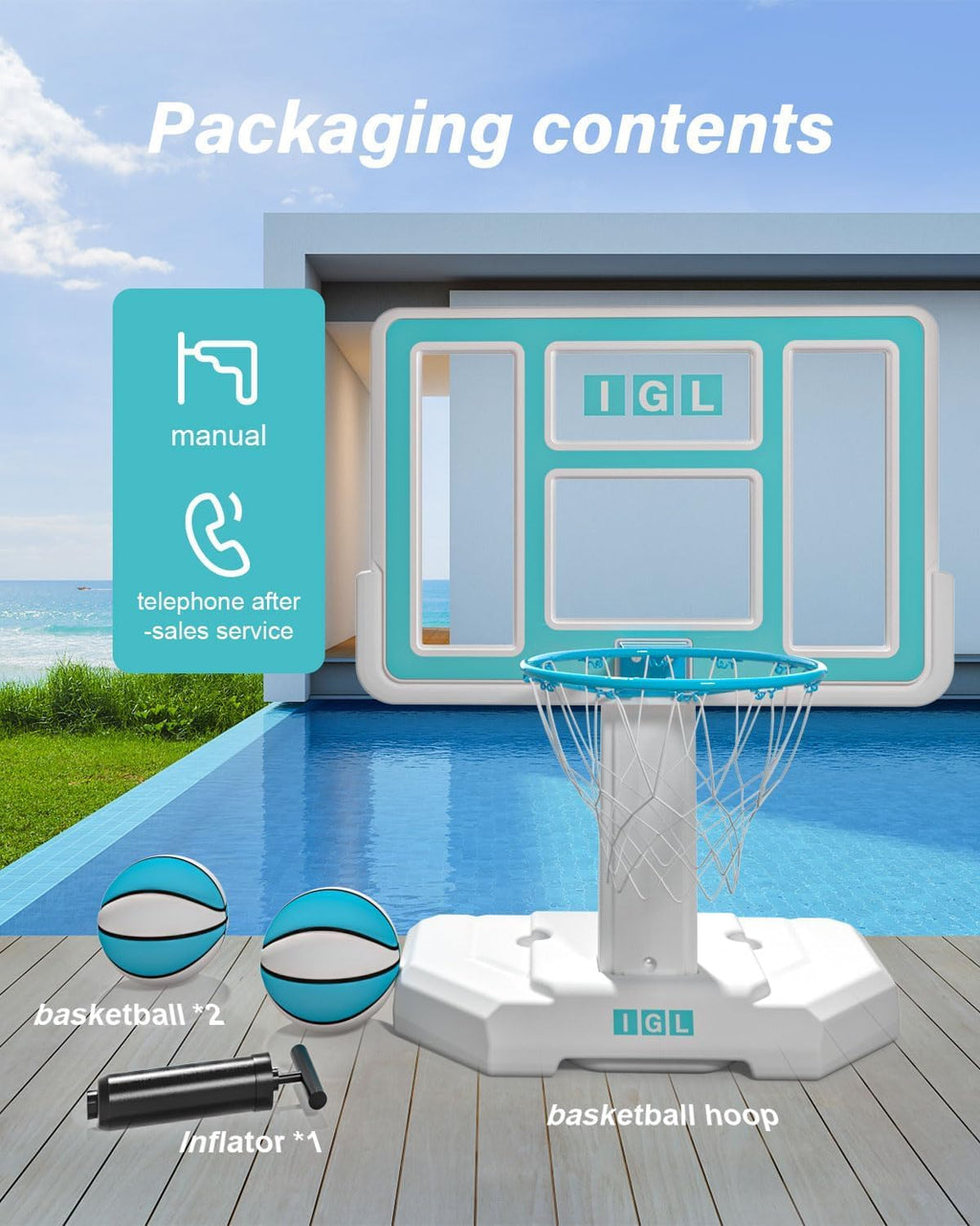 Pool Basketball Hoop Outdoor, Outdoor Poolside Basketball Hoop, Base & Stand Double Water Storage with 2 Ball &